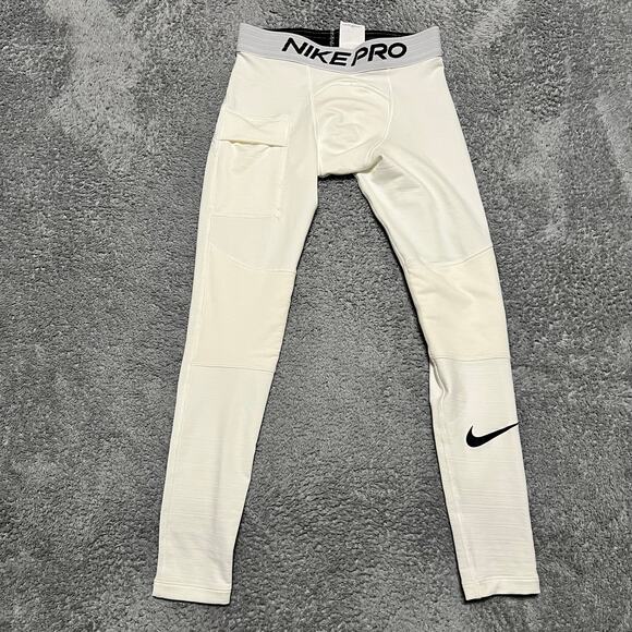 Nike Pro Warm Tights Mens Small White Media Pocket Gym Workout Activewear - Picture 1 of 9